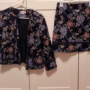 Loft Skirt Suit Set - Dark Navy Floral Blazer Jacket & Skirt